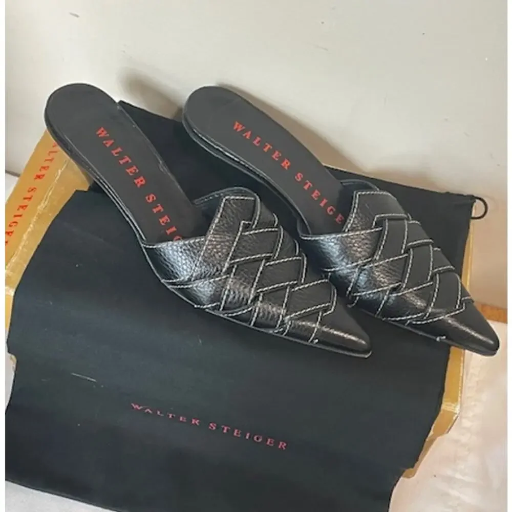 Walter Steiger Black Leather Pointed-Toe Woven Mules